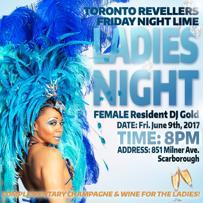 ladies night flyer with blue masquerader in feather head dress